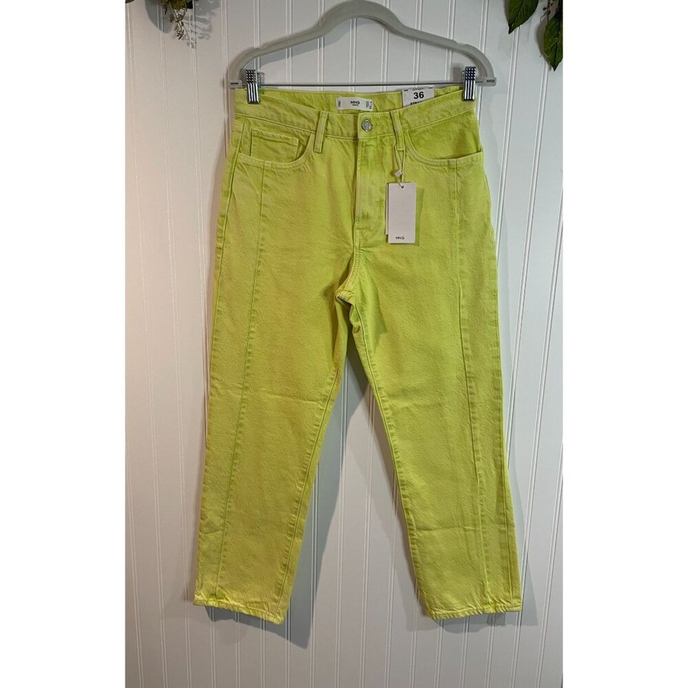 MNG Denim Straight Cropped High Waist Jeans Women Size 36 Bright Lime Green